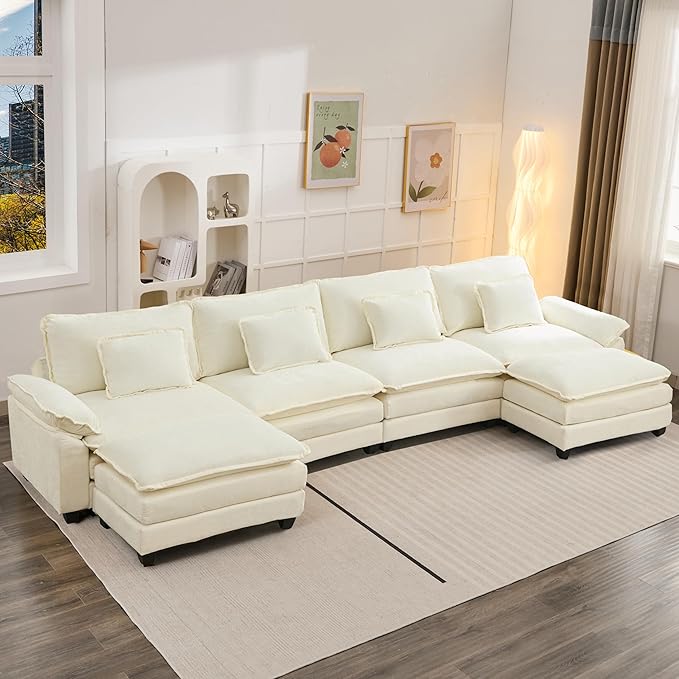 154" Modular Sectional Sofa, Comfy Cloud Couch Sectional Sofa with Ottoman, Chenille Sofa Sleeper Deep Seat Sofa with Throw Pillows for Living Room (Beige White, 154"- U Shape)