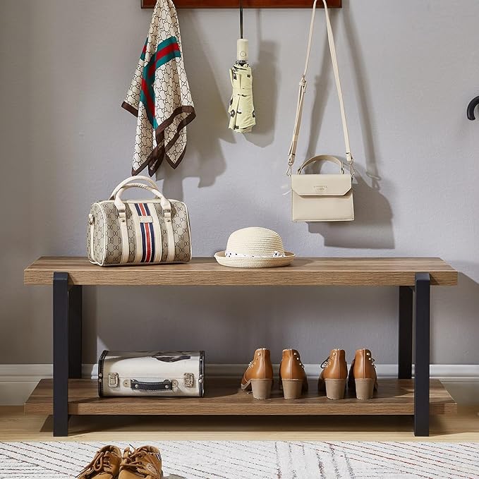 FOLUBAN Entryway Bench, Industrial Shoe Storage Bench for Bedroom Living Room, Modern Indoor Bench Seat for Hallway Front Door Entrance, Easy Assembly, Oak 47 inch