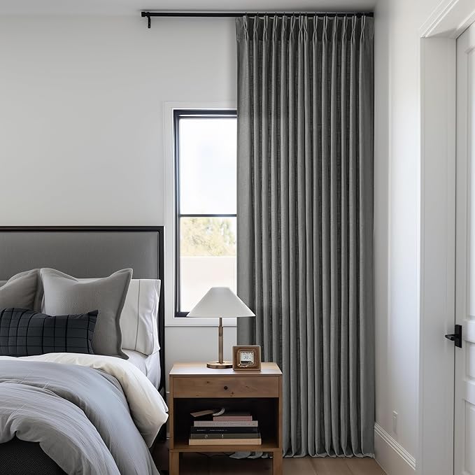 Charcoal Grey Pinch Pleated Linen Curtains 108 Inches Long for Living Room 2 Panels Set Flax Double Pleated Drapes Back Tab Farmhouse Neutral Ceiling Floor 108 Inch Window Curtains Bedroom Dark Grey