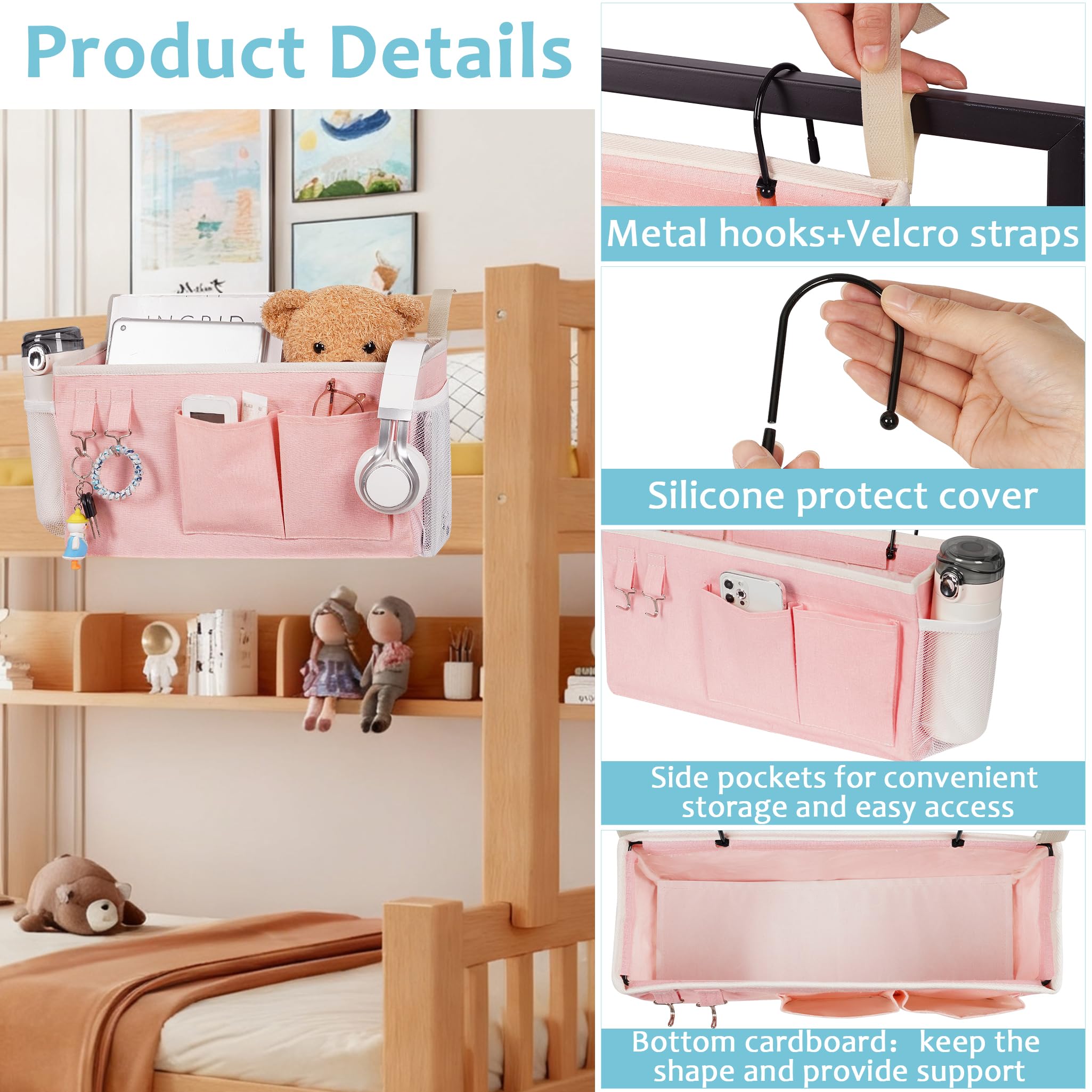 Loghot Bedside Caddy/Bedside Storage Bag Hanging Organizer for Bunk and Hospital Beds,Dorm Rooms Bed Rails,Can be Placed Glasses,Books,Mobile Phones,Keys (Light Pink) Dormly