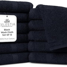 100% Cotton Wash Cloth for face & Body Set of 12, (12 x 12 inches) Sustainable, Soft, Highly Absorbent, Combed Cotton Wash Cloths Pack of 12 for Hotels, Spa, Bathroom, Dorm, Black