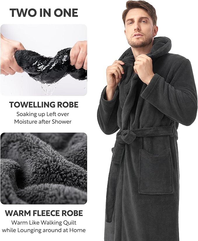 DAVID ARCHY Men's Hooded Robe Soft Coral Fleece Microfiber Bathrobe