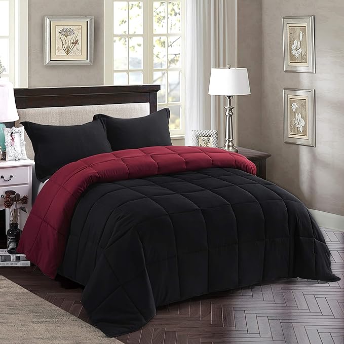 HIG 3pc Down Alternative Comforter Set - All Season Reversible Comforter with Two Shams - Quilted Duvet Insert with Corner Tabs - Box Stitched - Super Soft, Fluffy (Full, Black)