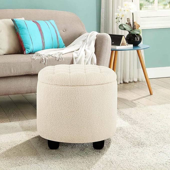 Furniliving Modern Round Storage Ottoman,Button Tufted Ottoman Footstool Ottomans with Removable Lid Storage Stool for Living Room, Bedroom, Makeup Room, Faux Fur, White