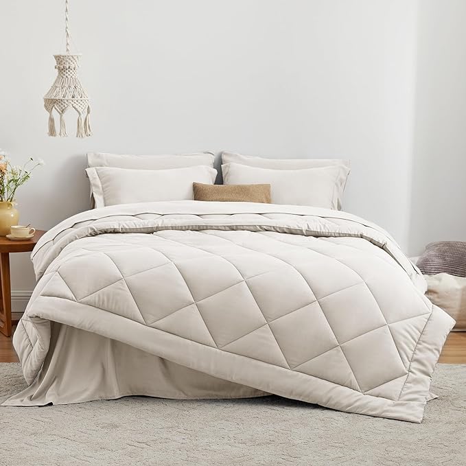 Love's cabin Full Comforter Set Off White, 7 Pieces Full Bed in a Bag, All Season Bedding Sets with 1 Comforter, 1 Flat Sheet, 1 Fitted Sheet, 2 Pillowcase and 2 Pillow Sham
