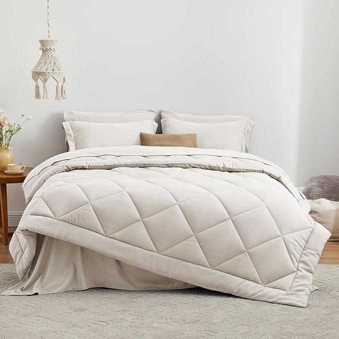 Love's cabin Queen Comforter Set Off White, 7 Pieces Queen Bed in a Bag, All Season Bedding Sets with 1 Comforter, 1 Flat Sheet, 1 Fitted Sheet, 2 Pillowcase and 2 Pillow Sham
