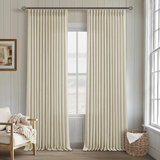 Beige Linen Pinch Pleated 120 Inch Curtains 2 Panels for Living Room Bedroom Memory Training Shape Semi Sheer Neutral Flax Pinch Pleat Drapes with Hooks Rings Light Filtering Window Curtain 40x120