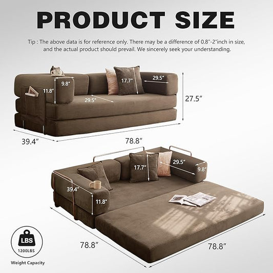 78.8" Convertible Sofa Bed -Compression Sofa with Corduroy Fabric - with Armrests and Backrest - Modular Sectional for Living Room, Bedroom, Studio - Compression Sofa in Box (Brown)