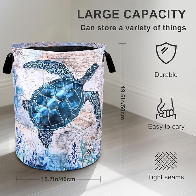 Sea Turtle Laundry Basket Foldable Oxford Cloth Tote Bag Laundry Hamper Clothes Storage Bucket Organizer For Bathroom/Laundry Storage/Bedroom 19.6x15.7 Inch