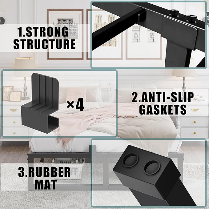 10 inch Queen Bed Frame Low Profile Metal Platform with Mattress Slide Stopper,Heavy Steel Slats Support Frames,No Box Spring Needed,Noise Free,Non-Slip,Easy Assembly