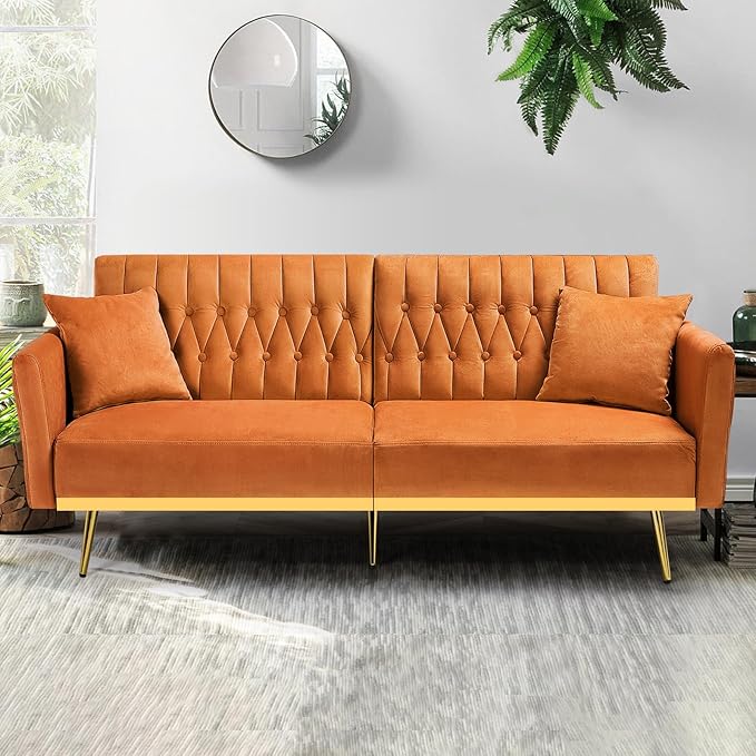 70” Velvet Futon Sofa Bed w/Adjustable Armrests & 2 Pillows, Convertible Futon Couch w/Adjustable Backrests, Modern Sleeper Bed for Living Room, Bedroom, Orange