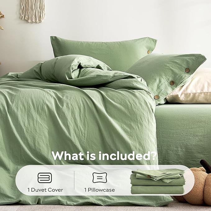 JELLYMONI 100% Washed Cotton Duvet Cover Twin – Soft, Breathable Linen-Look Bedding with Natural Wrinkle Texture, Button Closure, 3-Piece Set (Mint Green, 68"x90")