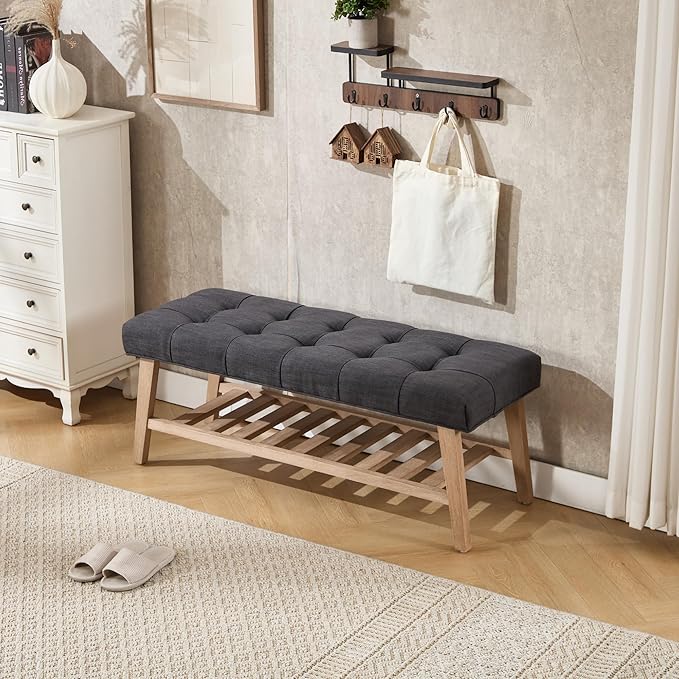 Kmax Entryway Bench with Shoe Storage, Fabric Upholstered Tufted Wood Storage Bench for Living Room Window Bench for Bedroom End of Bed - Linen, Charcoal