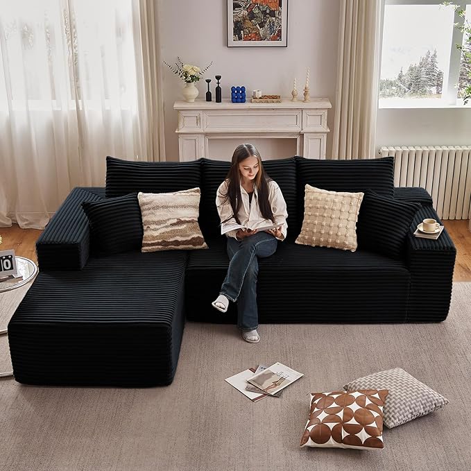 107" Cloud Sectional Couch with L-Shape Chaise, Modern Modular Comfy Sofa with Deep Seat, Upholstered Corduroy Couches Sleeper Chaise Longue for Living Room Bedroom, No Assembly Required, Black