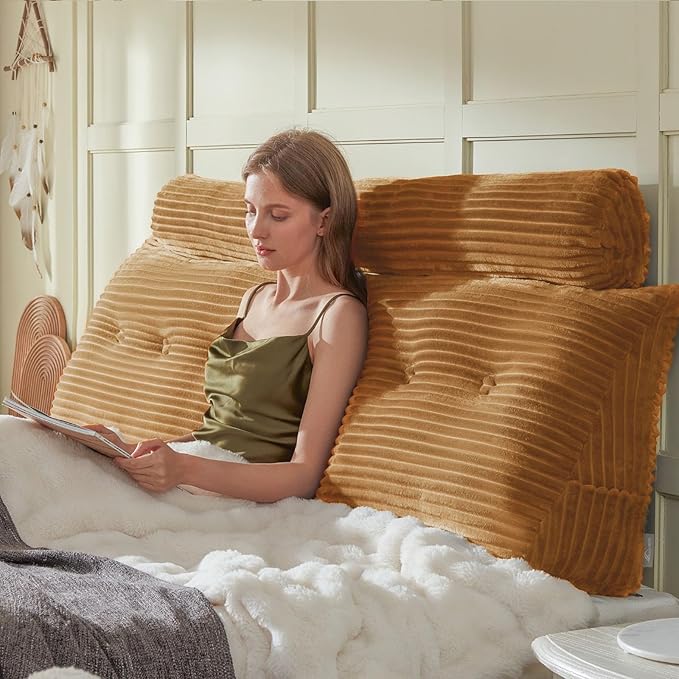 Headboard Wedge Pillow + A Long Neck Roll Pillow Body Pillow，Large Headboard Pillow with Removable Cover (Brown, King：76x8x20 inches)