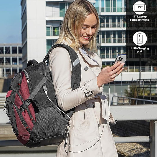 Swissdigital Design Laptop Backpack with USB Charging Port, Travel Backpack Fits 15.6 inches Computer, 31L College School Backpack for Women, Burgundy/Black | SD803-44