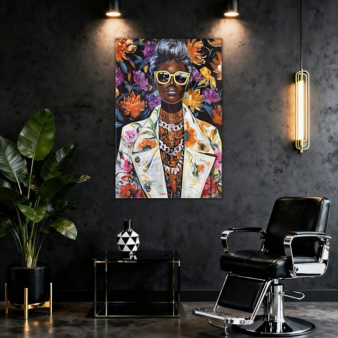 YETHEN WAL Afrocentric Canvas Wall Art – Black Woman Portrait Floral Wall Decor, Chic Modern Art Prints for Living Room, Bedroom, Office Decor, 32×48 Inch