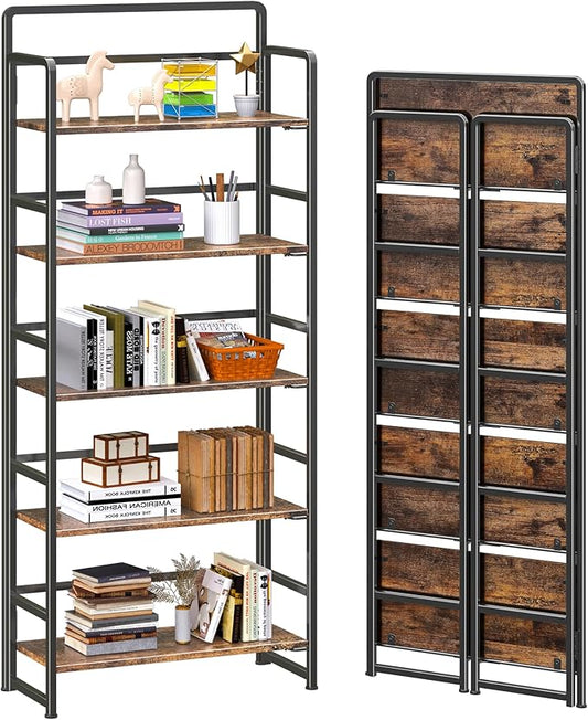 4NM No Assembly 5 Tiers Folding Bookshelf Storage Shelves Vintage Bookcase Standing Racks Study Organizer Home Office (Rustic Brown Black)