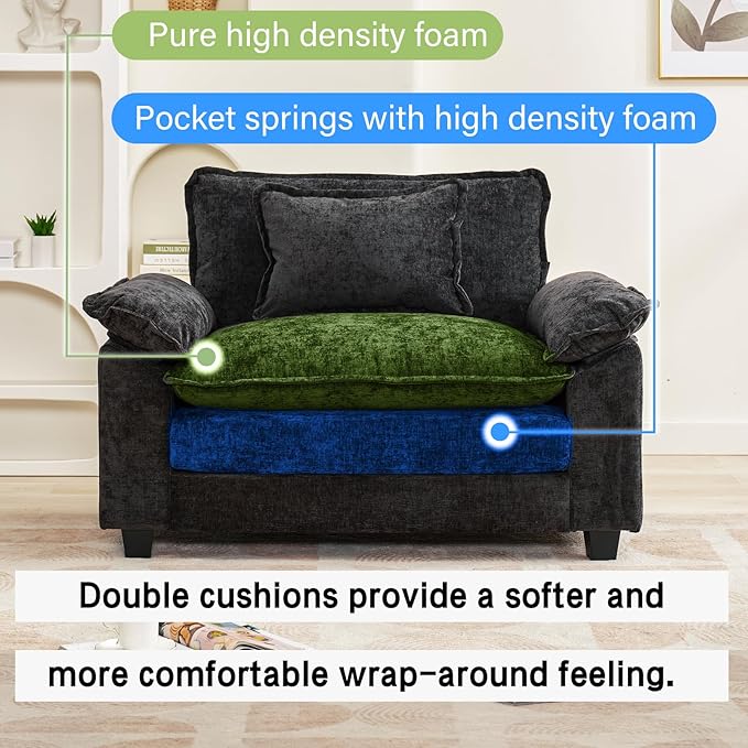 Modular Sectional Sofa, Comfy Cloud Couch Sectional Sofa, Chenille Sofa Sleeper Deep Seat Sofa with Throw Pillows for Living Room (Black, 53"- Single Seat)