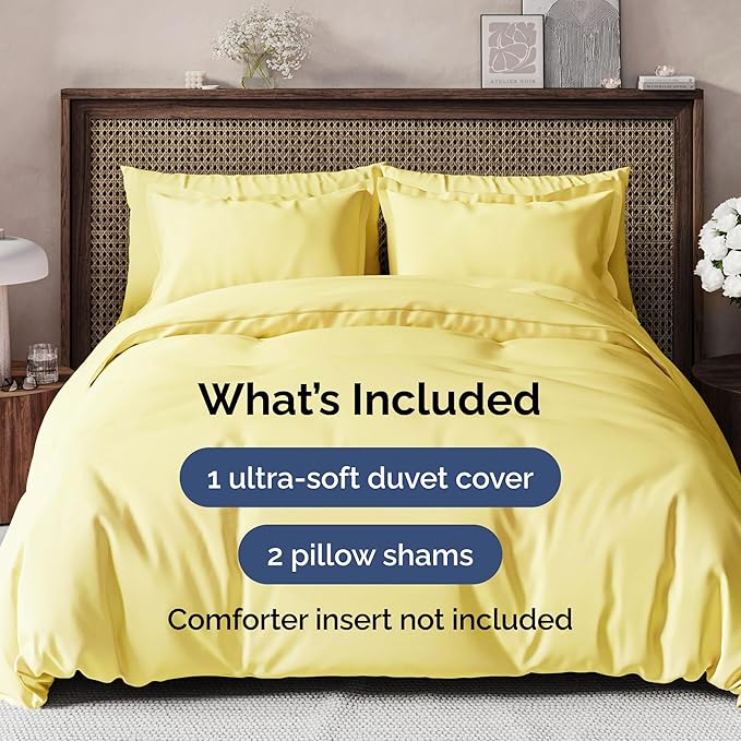 Duvet Cover Queen Size Set - Extra Soft Queen Size Duvet Cover 90 x 90 with 2 Pillow Shams - Hotel Luxury Easy Care and Fade Free with Zipper Closures & Ties - Comfy Breathable Bedding Set (Yellow)