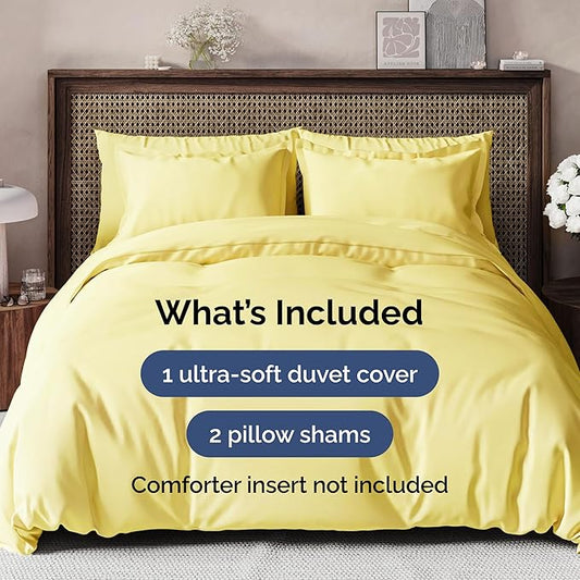 Duvet Cover Queen Size Set - Extra Soft Queen Size Duvet Cover 90 x 90 with 2 Pillow Shams - Hotel Luxury Easy Care and Fade Free with Zipper Closures & Ties - Comfy Breathable Bedding Set (Yellow)