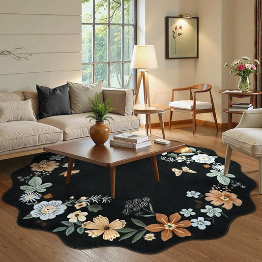 Lahome Floral Washable Round Area Rug, Round Rug 5ft Soft Non-Slip, Non-Shedding Boho Circle Carpet for Bedroom Living Room Bathroom Nursery Kitchen, Black/Grey