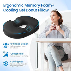 Donut Pillow Seat Cushion - Cooling Gel Floor Pillow, Memory Foam Floor Cushion for Office & Home, Car Seat, Hemorrhoids Pillow, Sciatica & Tailbone Pain Relief Chair Cushion, Black-XL