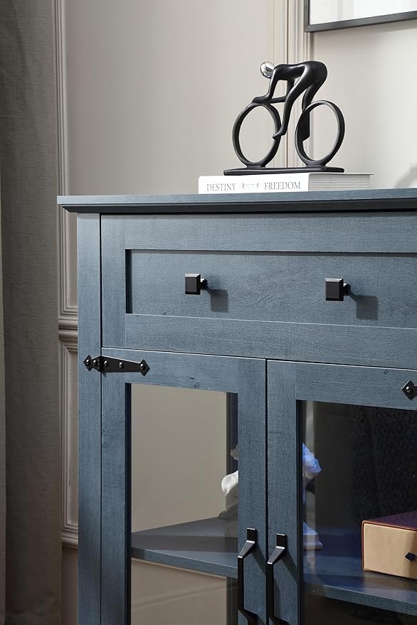 Modern 31.5'' Small Sideboard Buffet Cabinet with Storage,Small Coffee bar Cabinet with a Drawer and Adjustable Shelf,Glass Doors Sideboard Buffet with LED for Kitchen,Blue