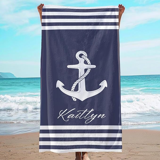JML Personalized Beach Towel with Name, Custom Anchor Beach Towel, Customized Microfiber Pool Towel, Quick Dry & Absorbent Swim Towel for Adult,Anniversary, Birthday, Summer Holiday,Vacation