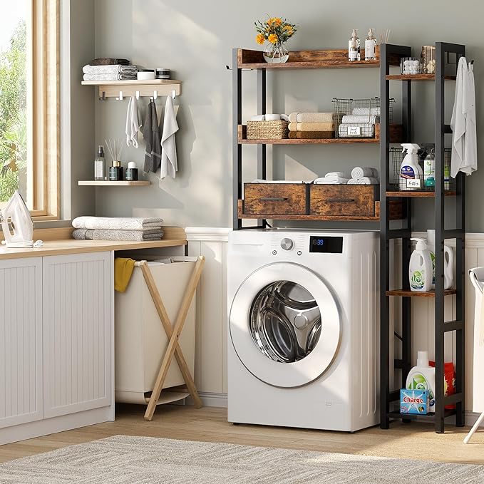 Over The Toilet Storage with 2 Drawers - 7 Tier Bathroom Organizer with Adjustable Shelf, Freestanding Space Saver Storage Rack Above Toilet Stand with 4 Hooks for Restroom, Laundry, Rustic Brown