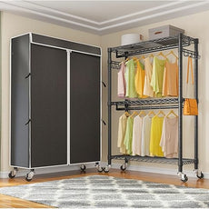 VIPEK R2C Heavy Duty Rolling Garment Rack with Cover, Portable Closets with Double Rods & Lockable Wheels, Covered Clothing Rack for Hanging Clothes, Black Rack with Black Upgarded Polyester Cover