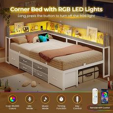 VIAGDO Corner Bed Frame with Storage Bookcase and 6 Drawers, Twin Metal Platform Corner Bed Frame with LED Lights and Charging Station, Twin Daybed for Kids Teenagers, White & Grey