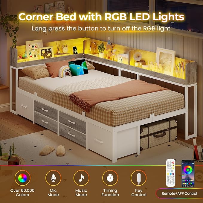 VIAGDO Corner Bed Frame with Storage Bookcase and 6 Drawers, Twin Metal Platform Corner Bed Frame with LED Lights and Charging Station, Twin Daybed for Kids Teenagers, White & Grey