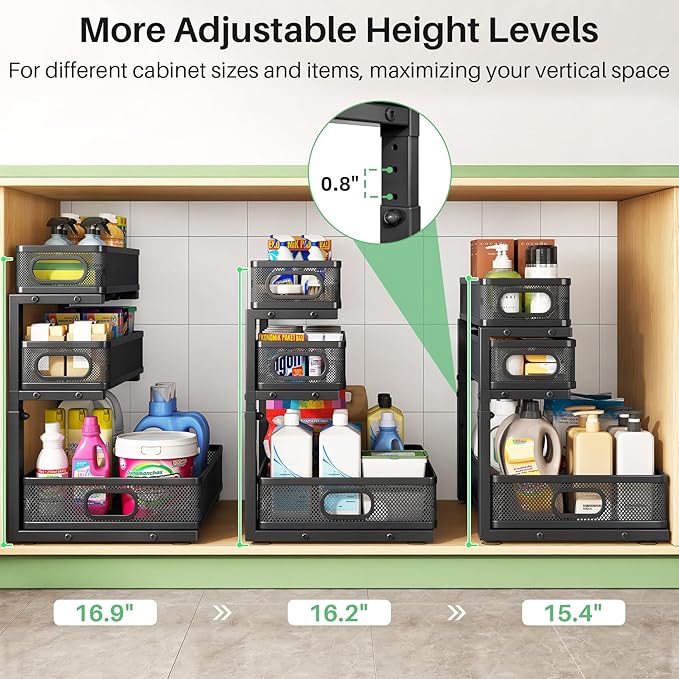 Kitstorack Under Sink Organizer, 2-Pack 3-Tier Height Adjustable Thickened Metal Pull out Cabinet Organizer Shelf, Slide out Storage Drawer Rack for Bathroom Kitchen Pantry Home Laundry Organization