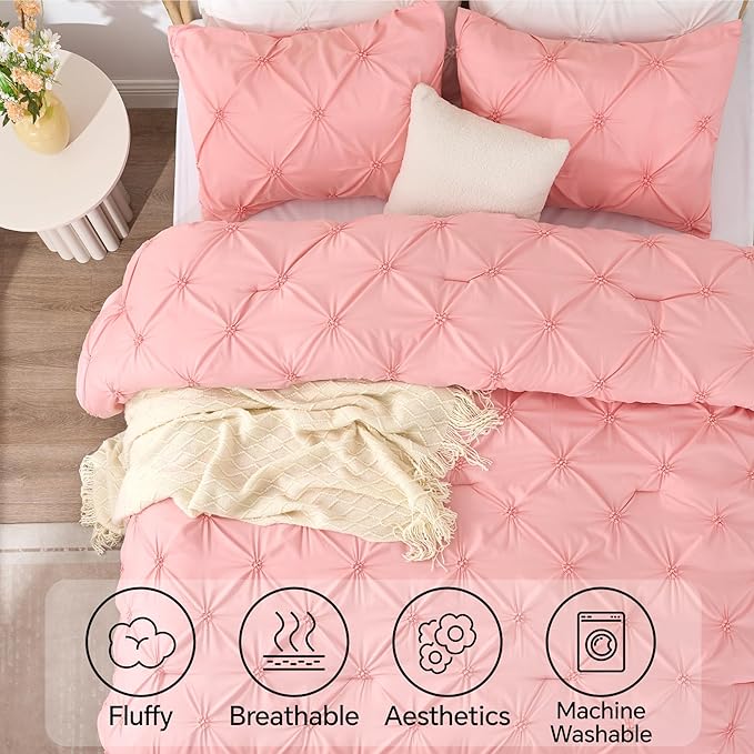 BEDELITE Pink Twin Comforter Set - 2 Peices Boho Pintuck Bedding Comforter Sets, Lightweight Soft & Warm Twin Bedding Sets with 1 Pillowcase for All Season