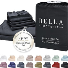 Bella Coterie 7 Piece Luxury Bamboo Viscose Split King Size Sheet Set | 2 Fitted Sheets for Adjustable Beds | 100% Organically Grown | Cooling for Hot Sleepers | 4 Pillowcases [Black]