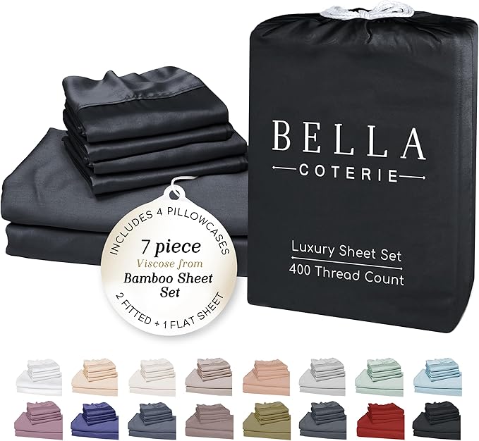 Bella Coterie 7 Piece Luxury Bamboo Viscose Split King Size Sheet Set | 2 Fitted Sheets for Adjustable Beds | 100% Organically Grown | Cooling for Hot Sleepers | 4 Pillowcases [Black]