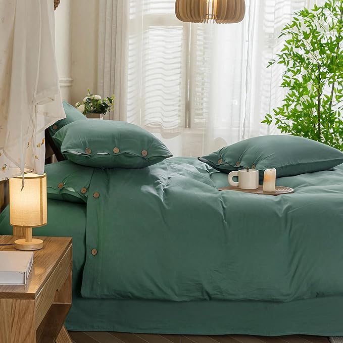 JELLYMONI Cotton Duvet Cover Twin Size - Dark Green Comforter Cover with Button 100% Washed Cotton 2PCS Breathable Soft Solid Bedding Set Duvet Cover 68×90in & 1 Pillowcase (NO Comforter)