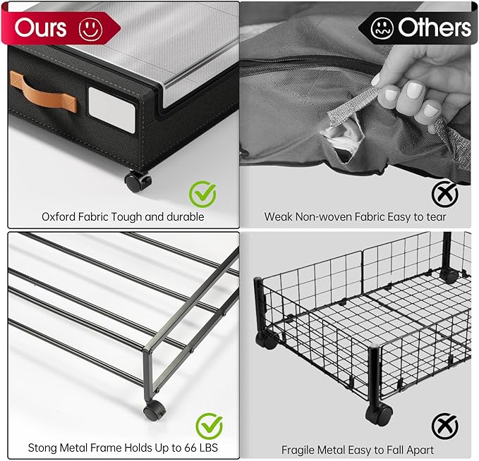 Yecaye 60L Under Bed Storage with Wheels, 2 Pack Under Bed Storage Containers, Underbed Shoe Storage with Clear Window & Label, Rolling Under Bed Metal Drawer for Clothes, Shoes, Books, Black