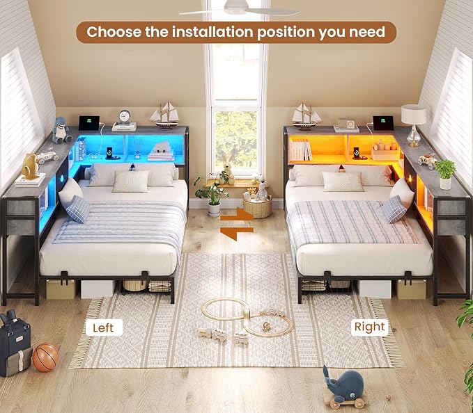 Hasuit Corner Bed Frame Twin XL with Storage Drawers and Bookcase Headboard, Twin xl Metal Platform Corner Bed Frame with Charging Station and LED Lights, Twin XL Daybed for Kids Teens Guests,Oak Gray