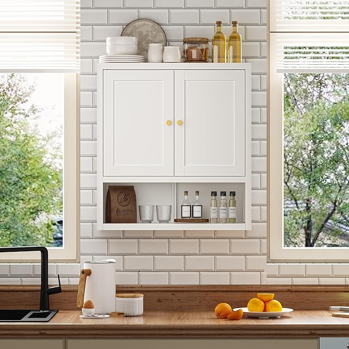 Metal Bathroom Wall Cabinet, Over The Toilet Storage Cabinets, White Wall Mounted Medicine Cabinets, Hanging Cabinet with 2 Doors & Adjustable Shelf for Kitchen, Laundry Room