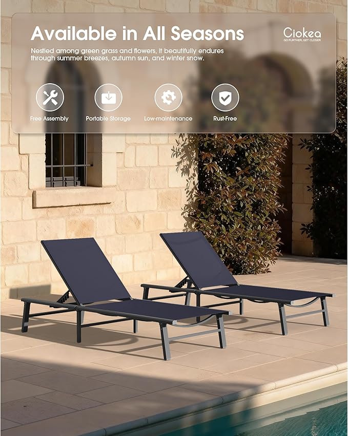 Ciokea Upgraded Aluminum Outdoor Lounge Chair - No Assembly Needed, Foldable Patio Chaise Lounge with 5 Adjustable Positions, Reinforced Frame for Extra Durability, Pool Beach Lounge Chair, Navy Blue
