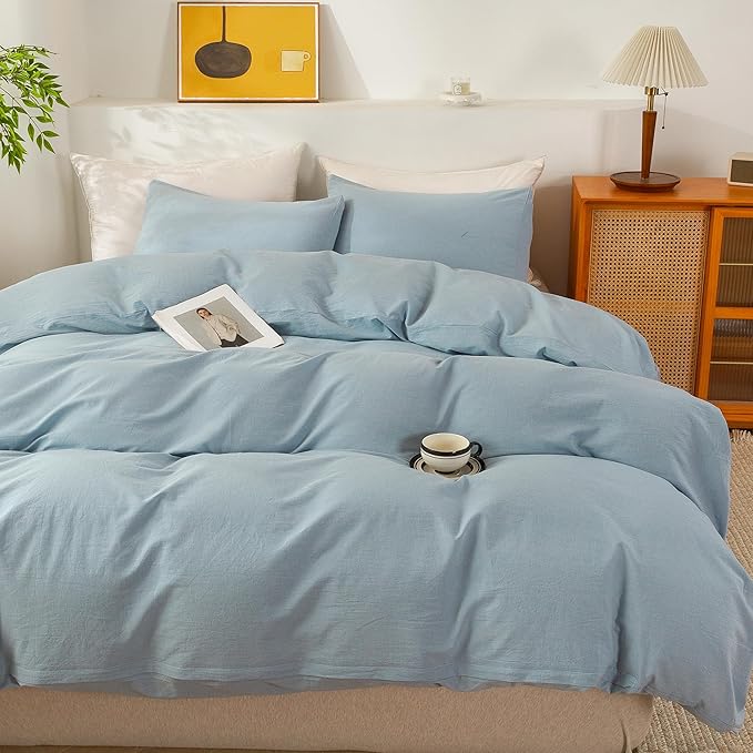 ECOCOTT Light Blue Duvet Cover Full Size - 100% Washed Cotton Durable Soft Comfy Duvet Cover Set, 3 Pieces Duvet Cover with Zipper Closure (80''x90'')