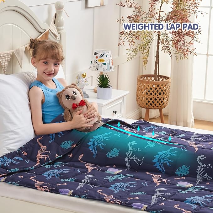 yescool Dinosaur Weighted Blanket 5 Pounds Cooling Weighted Lap Blanket, Navy Heavy Blankets for Sleeping, Weighted Throw Blankets Gift for 40-60lbs, 36"x48"