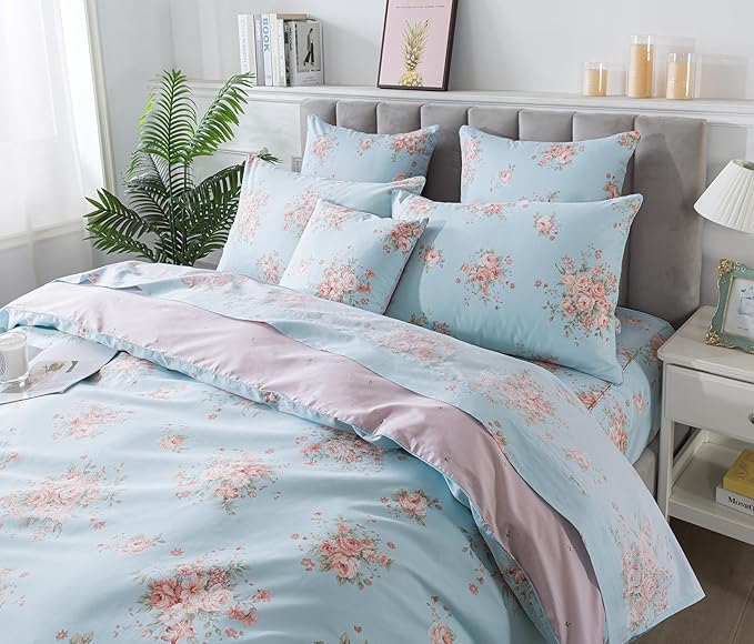 FADFAY Duvet Cover Set Blue Rose Floral Bedding Rustic Peony Flower Comforter Cover Set Vintage Farmhouse Bedding 100% Cotton Quilt Cover with Hidden Zipper Closure 3Pcs, King/California King Size
