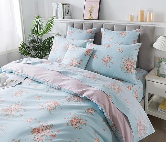 FADFAY Duvet Cover Set Queen Blue Rose Floral Bedding Rustic Peony Flower Comforter Cover Set Vintage Farmhouse Bedding 100% Cotton Ultra Soft Quilt Cover with Hidden Zipper Closure 3Pcs, Queen Size
