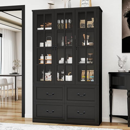 78.8" Tall Bookcase Display Storage Cabinet Hutch with Glass Doors & Drawers - Curio Display Bookshelf Kitchen Pantry for Home, Kitchen, Living Room.