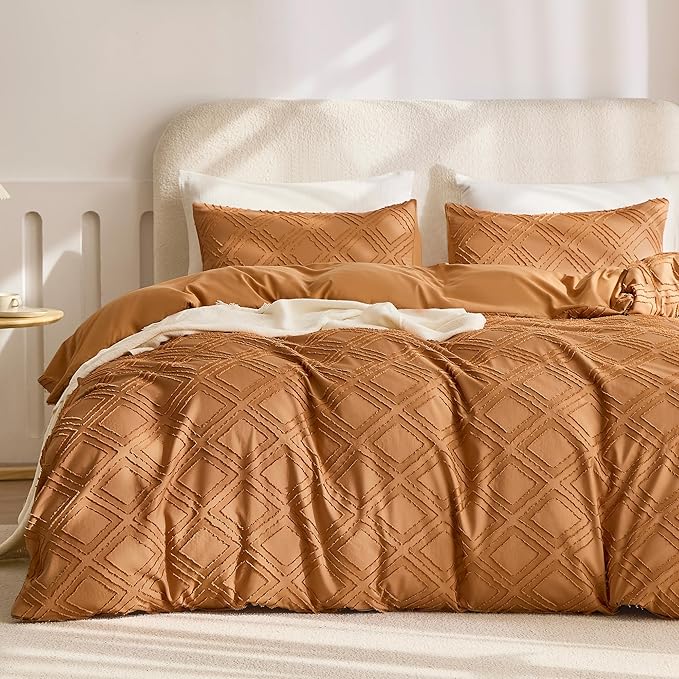 JELLYMONI Duvet Cover King Size Rust - 3PCS Boho Duvet Cover Set Plaid Polyester Tufted Bohemian Jacquard Knit Textured Comforter Cover 104×90in Rhombic Geometric Pattern Zipper Corner Tie