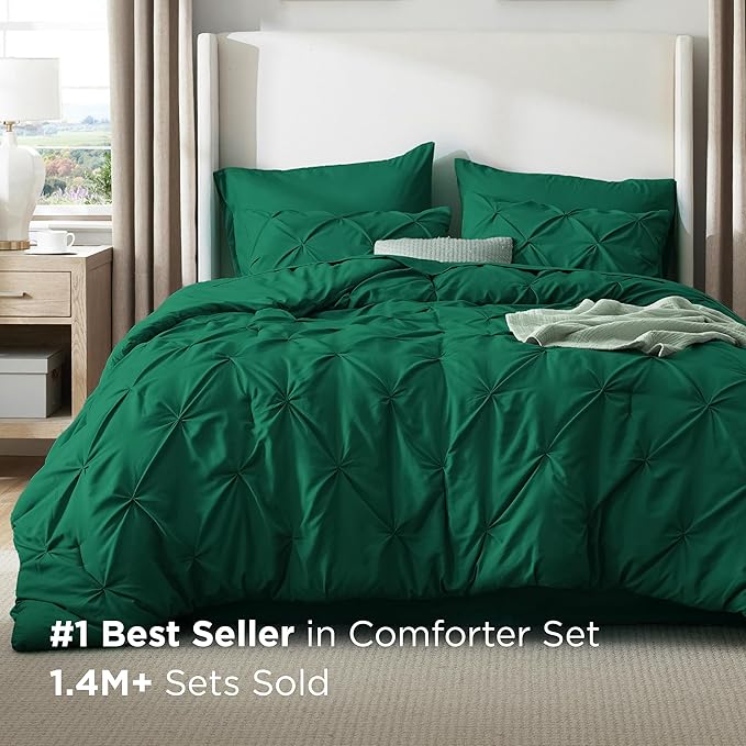 Bedsure Twin Comforter Set Dark Green - Bed in a Bag Twin Size 5 Pieces, GentleSoft™ Pintuck Bed Set Gift for Family, Pinch Pleat Dark Green Comforter with Sheets, Pillowcase & Sham