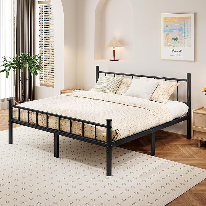 zizin King Size Metal Bed Frame with Headboard & Footboard 14 Inch Metal Platform Mattress Foundation Support with Steel Slat, Under Bed Storage, No Box Spring Needed
